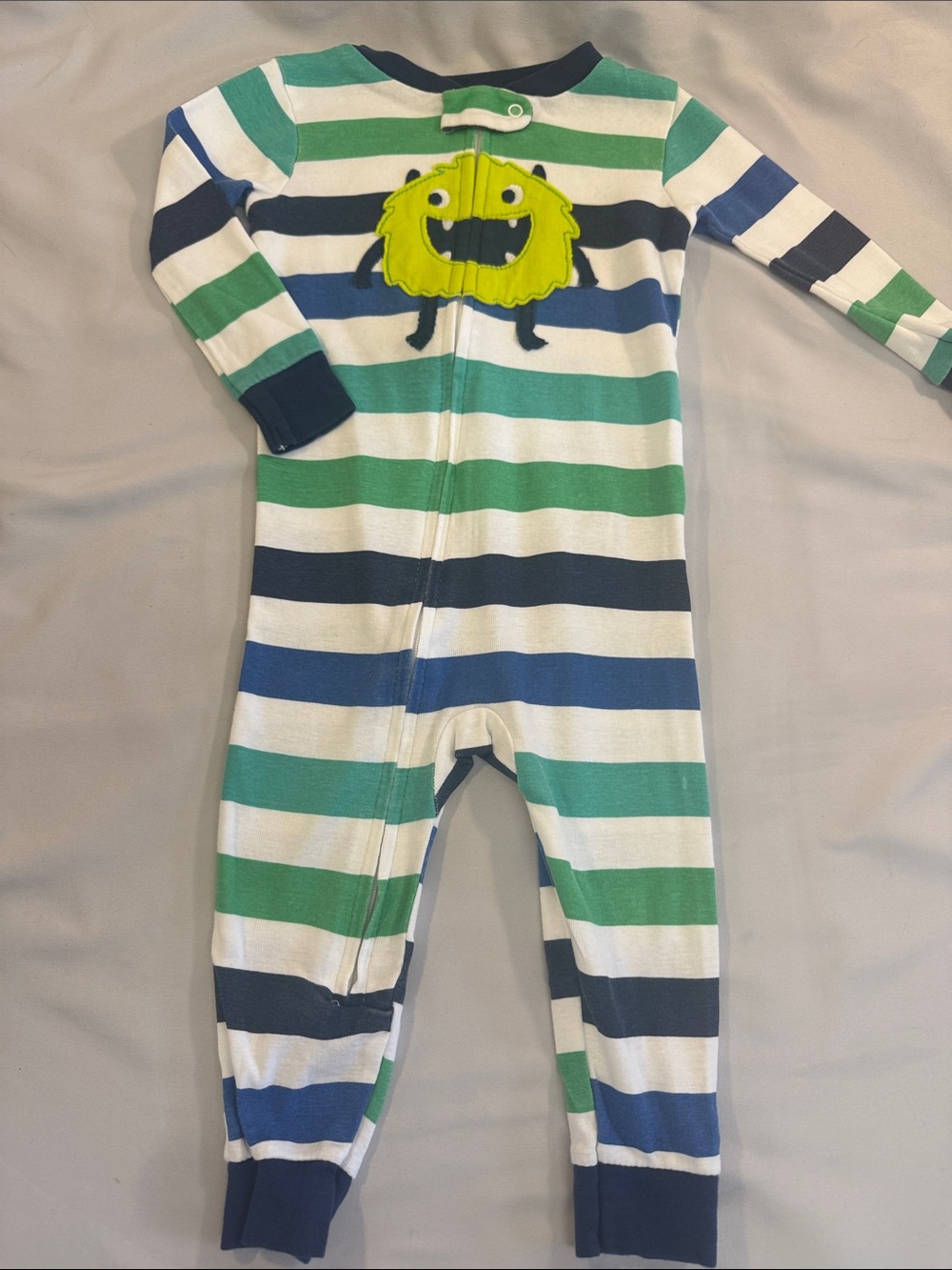Striped Green, Blue & White Baby One-Piece with Monster Applique